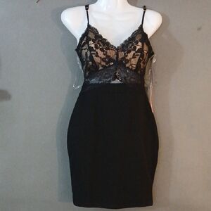 NWT Haute Monde Mini Dress Womens Black Bodycon Slip Short V-Neck Strappy Sz:XS